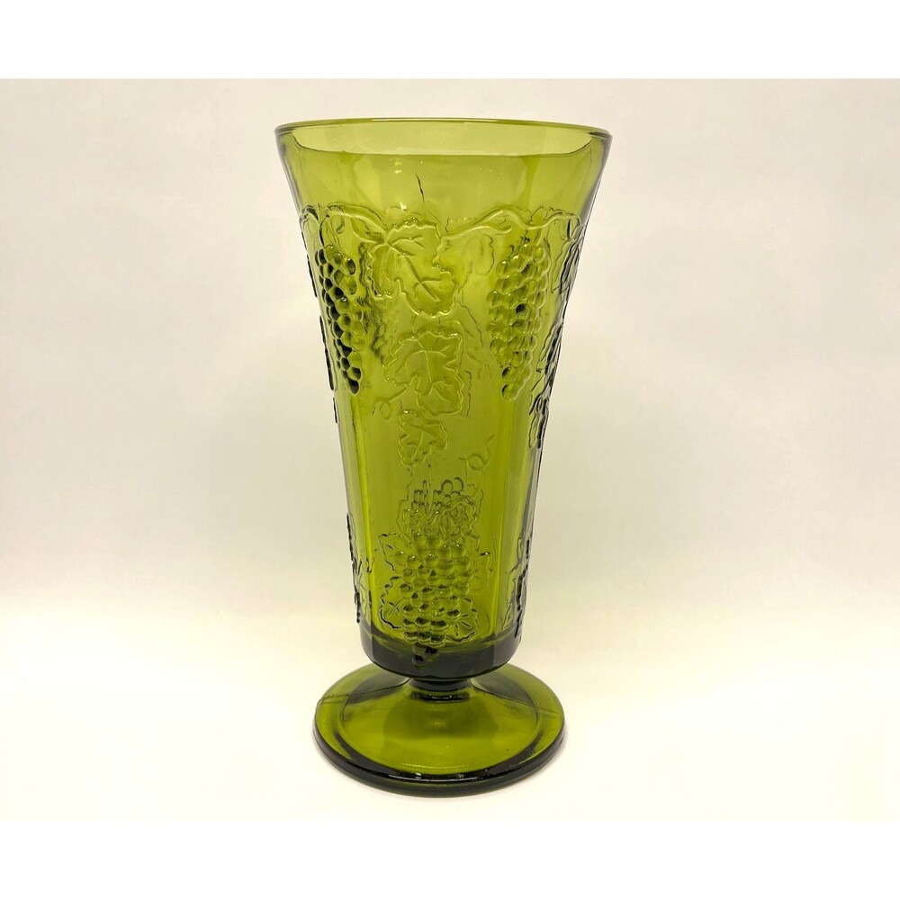 Indiana Glass Harvest Grapes Footed Vase • Avocado Green, 9.5" Colony Line 1970s